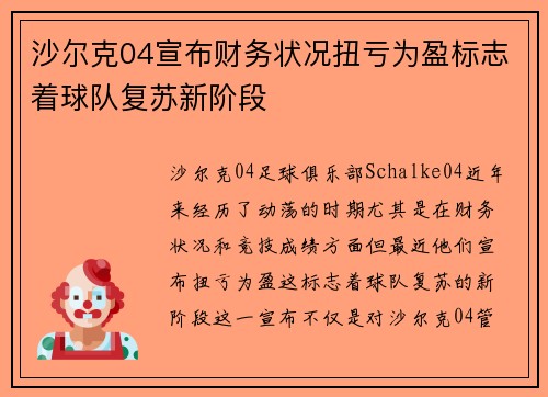 沙尔克04宣布财务状况扭亏为盈标志着球队复苏新阶段
