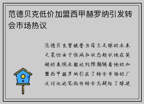 范德贝克低价加盟西甲赫罗纳引发转会市场热议 范德贝克低价加盟西甲赫罗纳引发转会市场热议