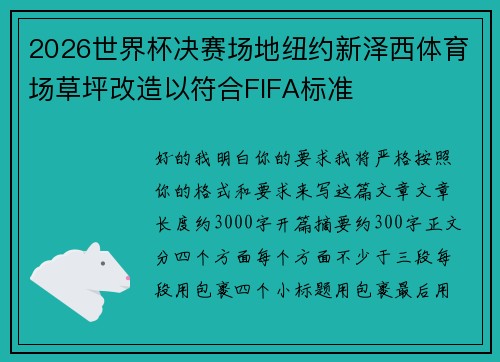 2026世界杯决赛场地纽约新泽西体育场草坪改造以符合FIFA标准